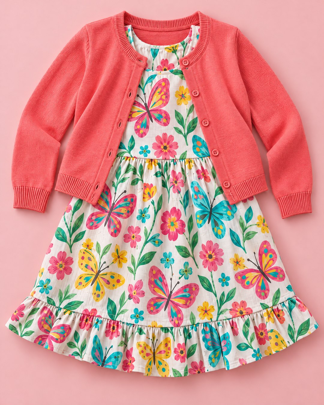 Vestido Borboletas e Flores com Cardigã Coral - foto 3