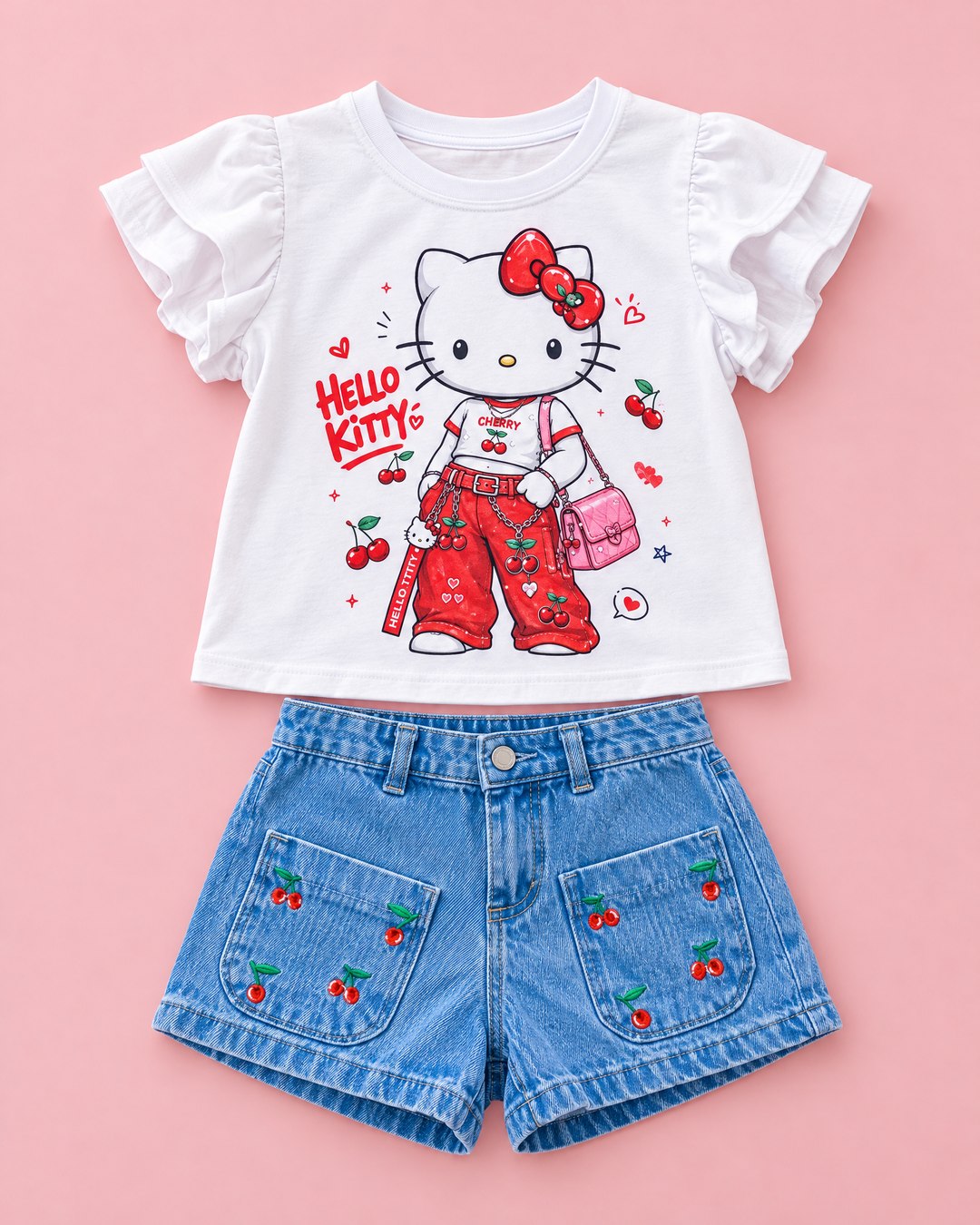 Camiseta Hello Kitty e short jeans cereja - foto 1
