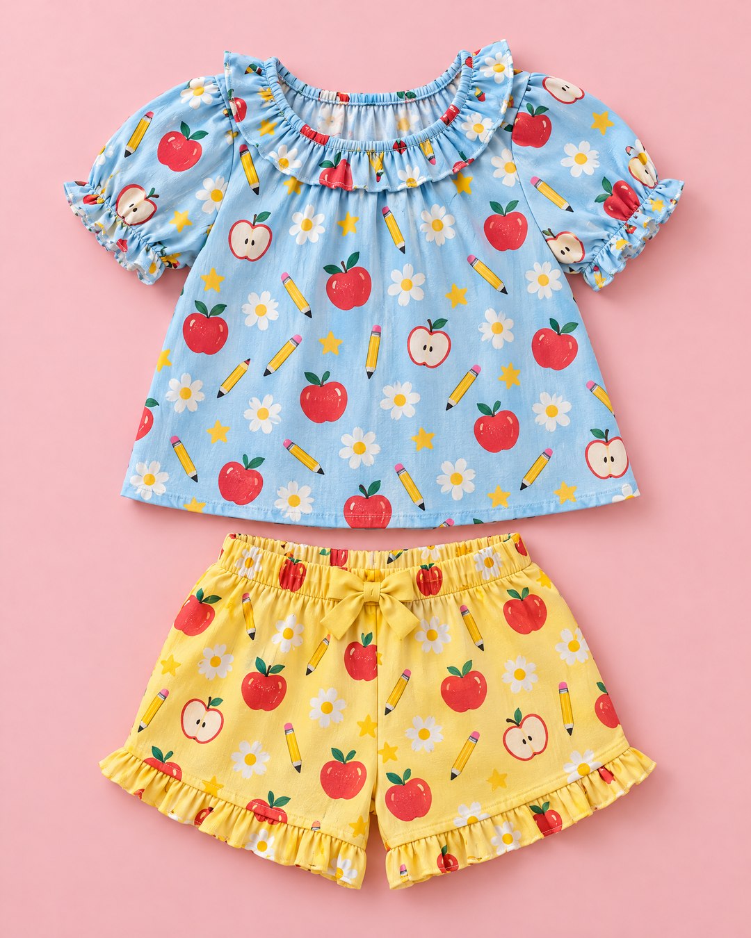 Conjunto azul e amarelo de maçãs e flores - foto 1