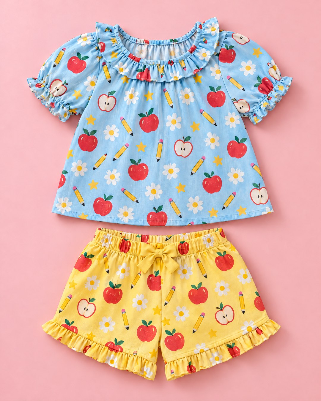 Conjunto azul e amarelo de maçãs e flores - foto 2