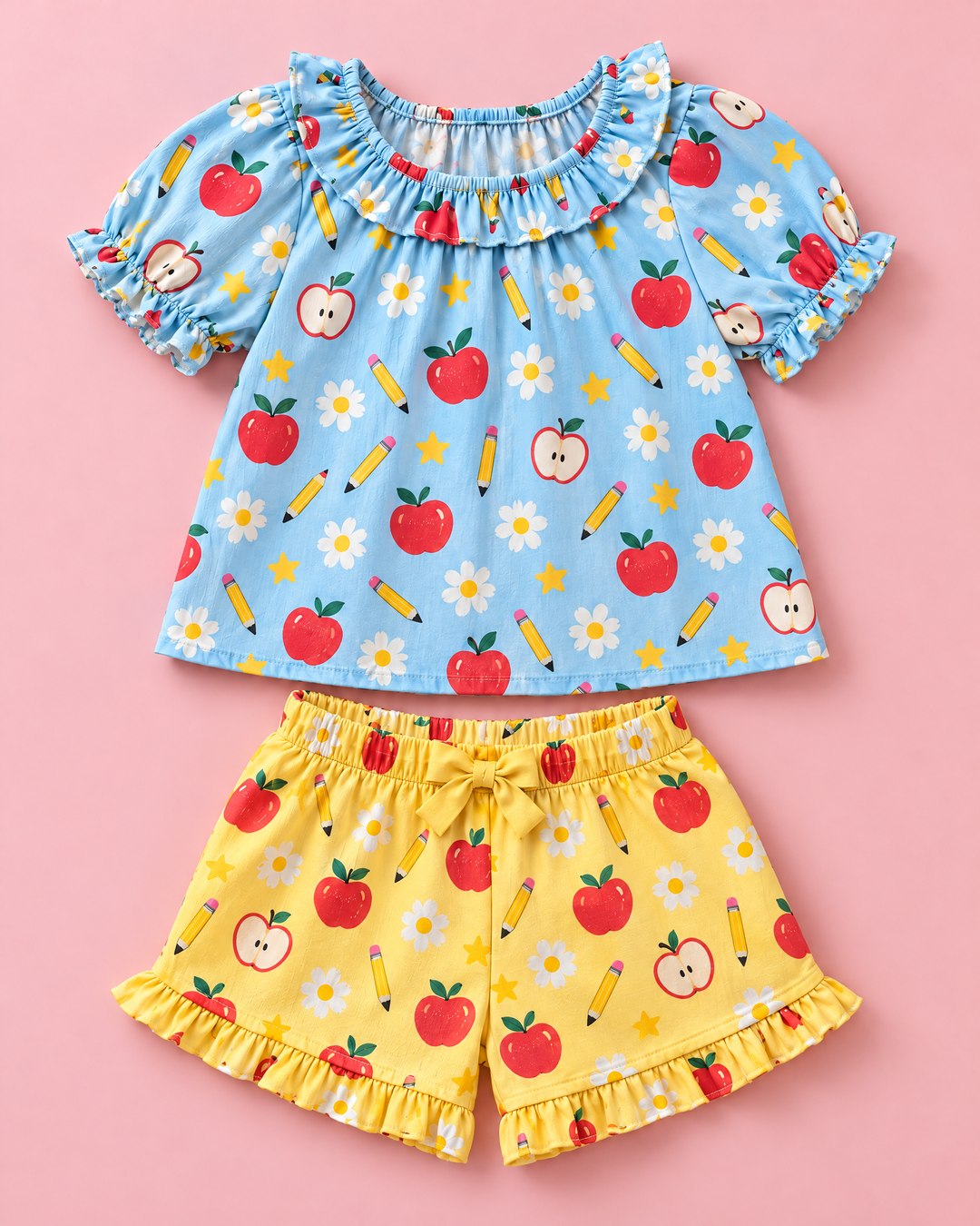 Conjunto azul e amarelo de maçãs e flores - foto 3