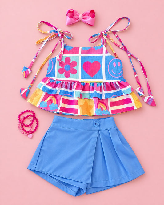 Conjunto estampado com short-saia azul - foto 1