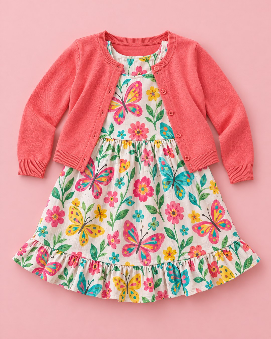 Vestido Borboletas e Flores com Cardigã Coral - foto 1
