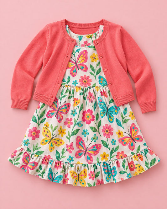 Vestido Borboletas e Flores com Cardigã Coral - foto 1