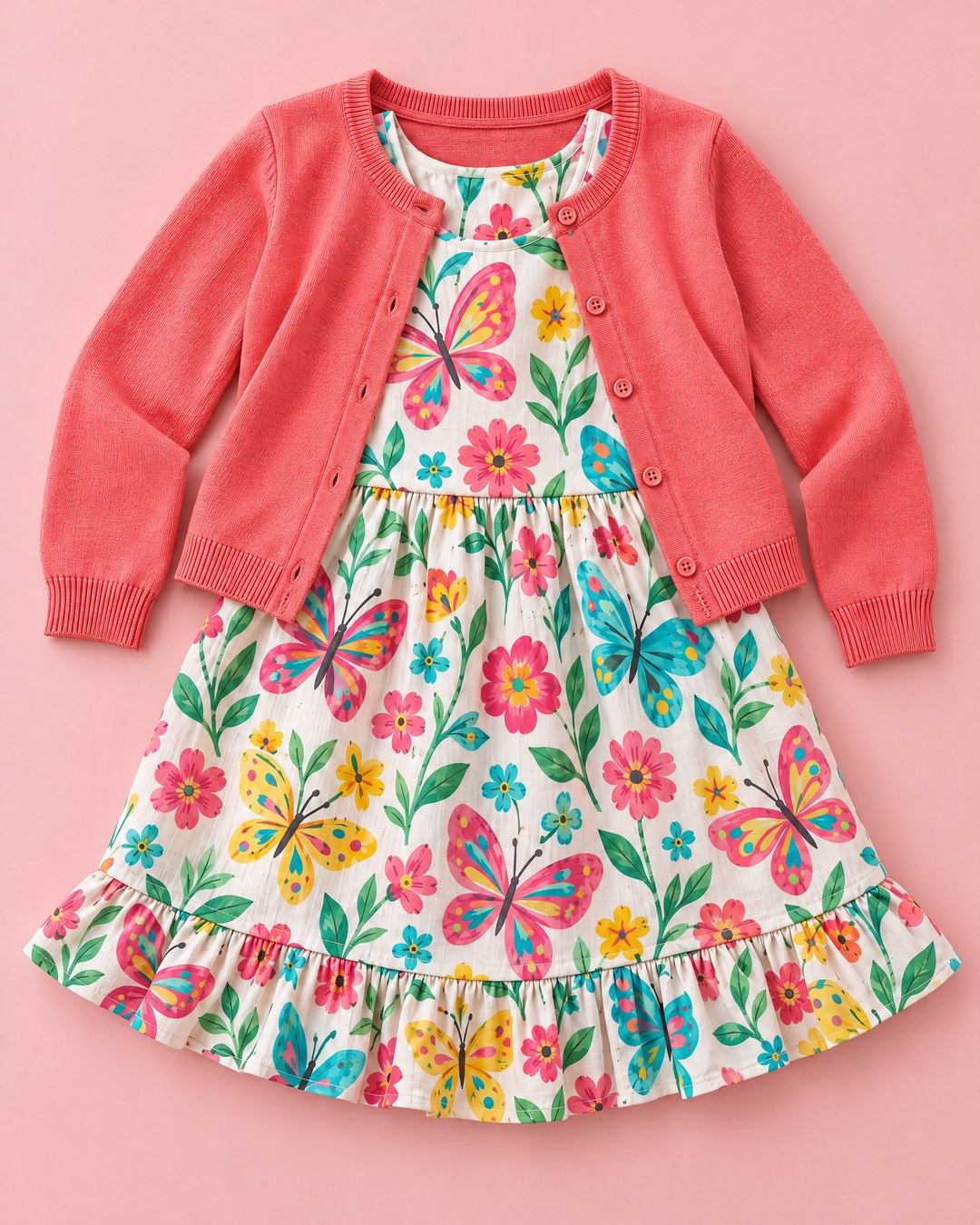 Vestido Borboletas e Flores com Cardigã Coral - foto 2