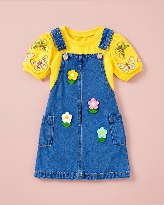 Vestido jardineira jeans com flores e camiseta amarela - foto 1