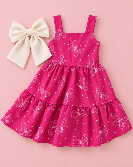 Vestido Pink de Borboletas com Laço Claro - foto 1
